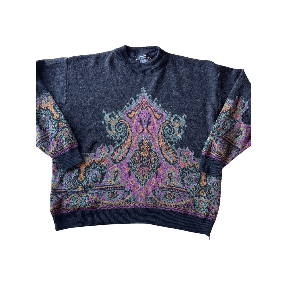 Vintage 80s Generra Mens XL Black Paisley Jacquard Knit Crewneck Sweater